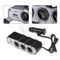 WF-0120 USB and Triple Socket IN-CAR Cigarette Lighter Socket Splitter With USB Charger