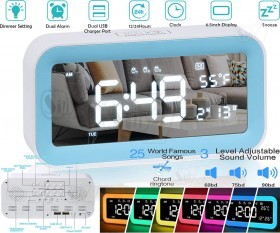 Multifunctional Digital Alarm Clock with 6 Color Night Light, Nature Sounds, Temperature, USB Port