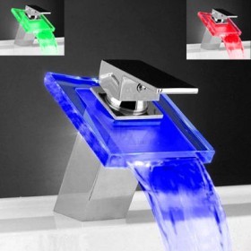 Temperature Detectable Single Handle Chrome Waterfall LED Bathroom Sink Faucet