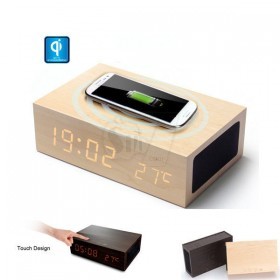 W2 Wooden LED Alarm Clock and Thermometer  with Bluetooth Speaker and Qi Wireless Charger