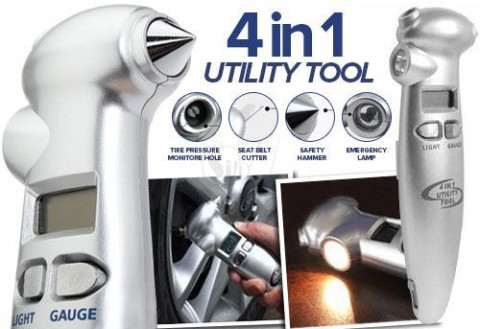  Multifunction LCD 4 in 1 Utility Tool Flashlight, Digital Tire Pressure Gauge, Emergency Hammer and Seat Belt Cutter