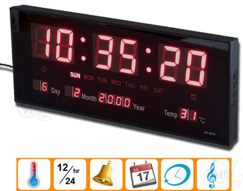 JH-3615 Digital LED Wall Clock, Length 36 cm with Calendar and Temperature Display