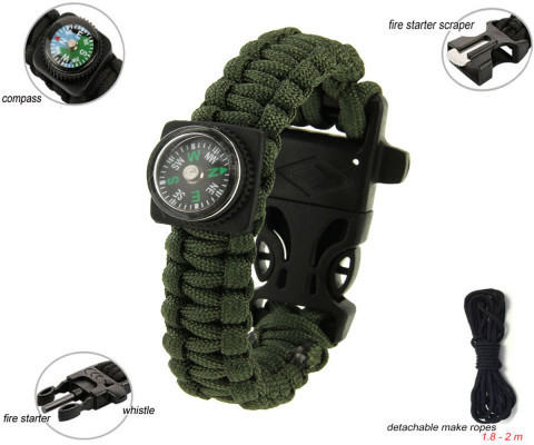 دستبند نجات دارای قطب نما، پیچ گوشتی، مینی اره، سوت و ریسمان بافته شده برای مواقع اضطراری