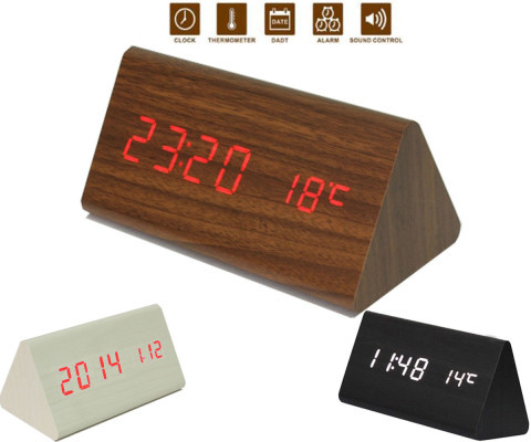 ساعت چوبی ال ای دی طرح استوانه مثلثی سه گوشه دارای سنسور صدا و دماسنج