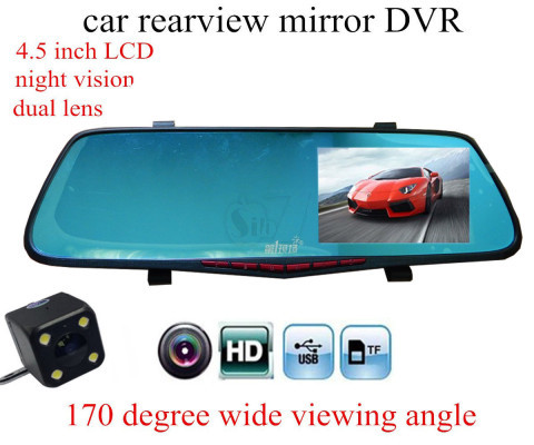 Car Rear View Mirror with Large Screen 4.5 inch Display and Full HD 1080P Dual lens Car Camera