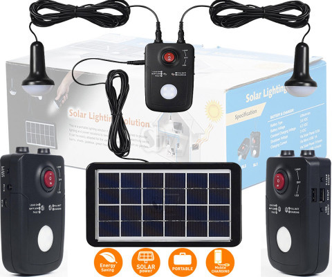 SL1 Portable Solar Lighting Solution Power Pack with Solar Panel, 2 LED Bulb and 2 USB Power bank Output
