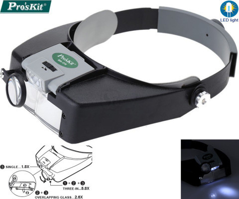 ذره بین هدبندی چراغدار پروسکیت مدل 016 قابلیت زوم و بزرگنمایی در 3 اندازه 1.8 و 2.6 و 5.8 برابر