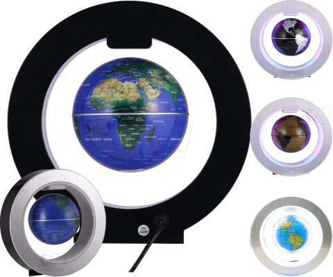 کره زمین مغناطیسی رومیزی مدل دایره ای، کره معلق در هوا بوسیله انرژی آهنربایی ایجاد شده توسط قاب چراغدار دایره ای شکل