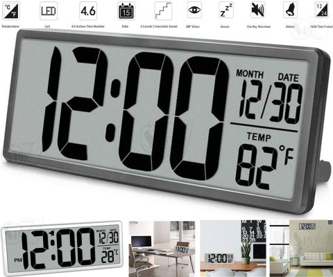 Extra Large LCD Battery Operated Digital Desk and Wall Clock with Temperature, Calendar, Snooze, Backup Battery