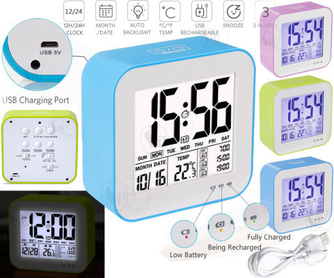 528 Rechargeable Digital Alarm Clock with Calendar, Touch Sensor, Backlight, Temperature and Workday Mode 