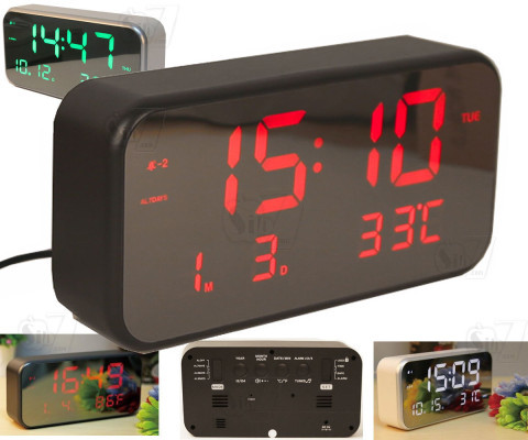 Mirror Surfaced LED Digital Alarm Clock with Night Light and Multiple Alarm Music
