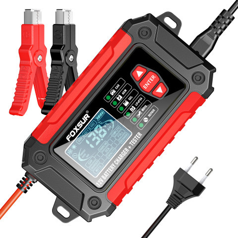 FOXSUR FTC-1206 Car Smart Battery Charger and 12V Battery Tester Analyzer-Red